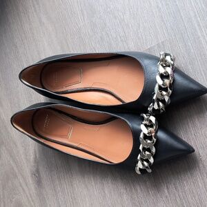 Givenchy black leather flats w/ bold chain